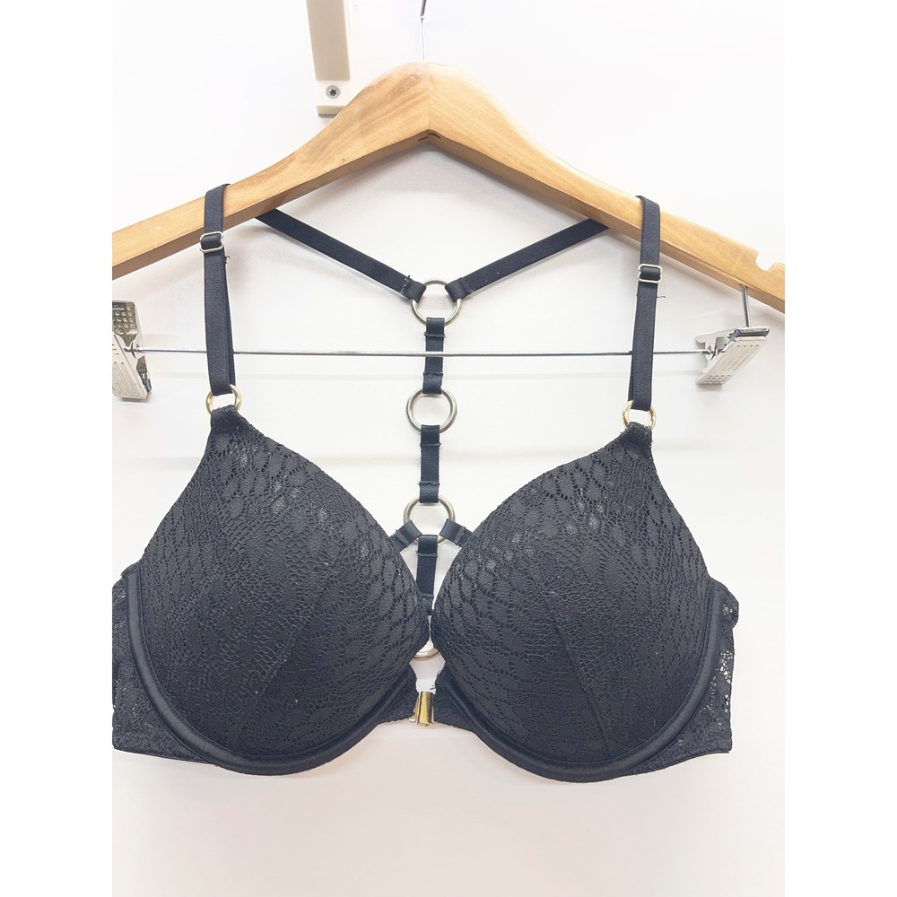 Victorias Secret Very Sexy Black Lace Front Close Harness Strappy Bra 34C